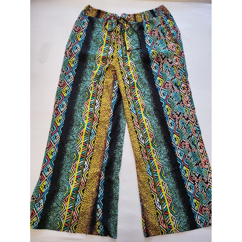 Dizzire Colorful Bohemian Wide Leg Palazzo Pants Drawstring Waist Plus Size 1X